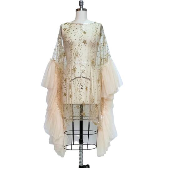 Beulah Style Beige Sheer Mesh Sequin Star Puff Sleeve Dress - Picture 2 of 5